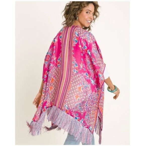 Chico's Kimono Cardigan With Fringe Hem Open Front - Size S/M - Picture 2 of 9